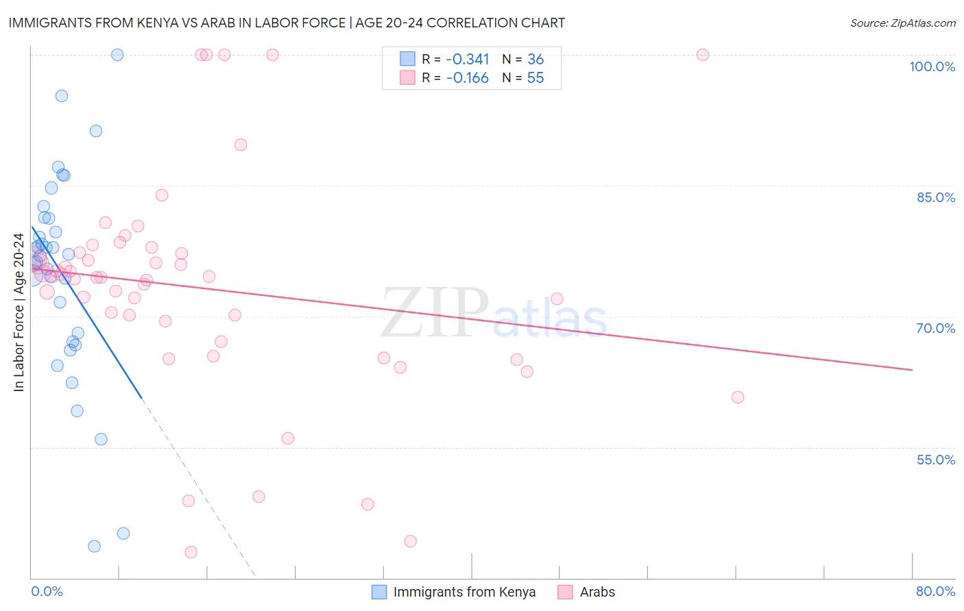 Immigrants from Kenya vs Arab In Labor Force | Age 20-24