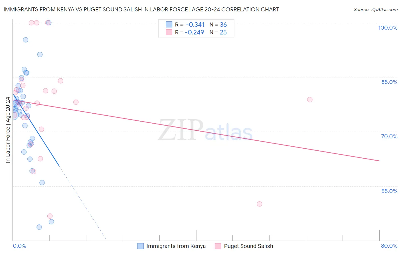 Immigrants from Kenya vs Puget Sound Salish In Labor Force | Age 20-24