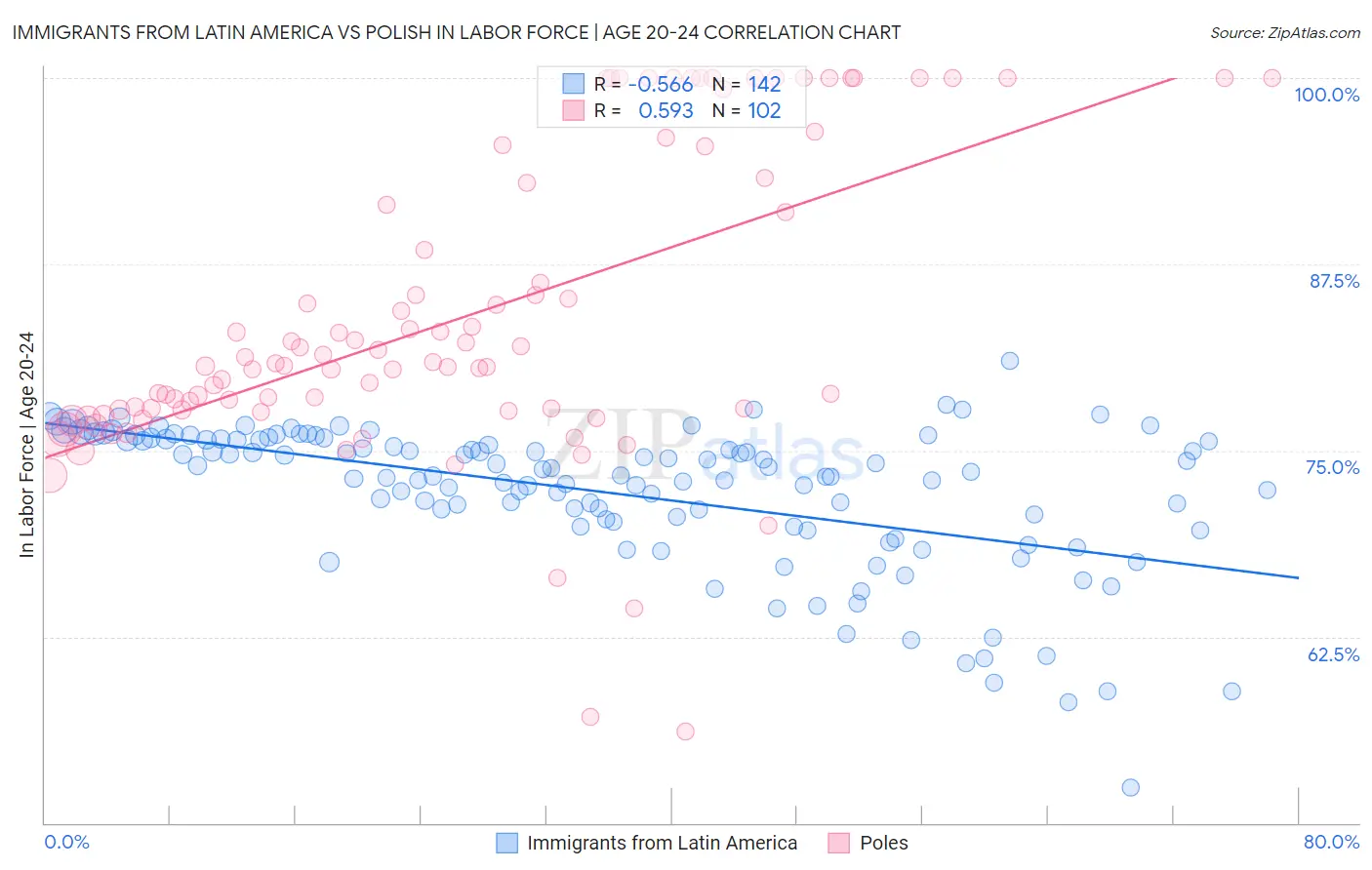 Immigrants from Latin America vs Polish In Labor Force | Age 20-24