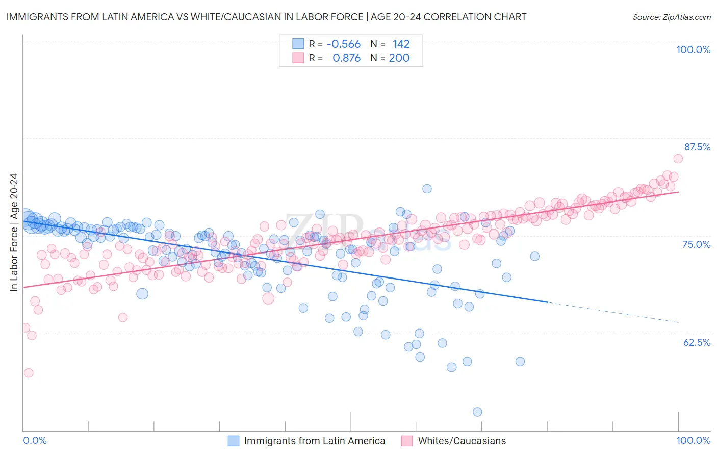 Immigrants from Latin America vs White/Caucasian In Labor Force | Age 20-24