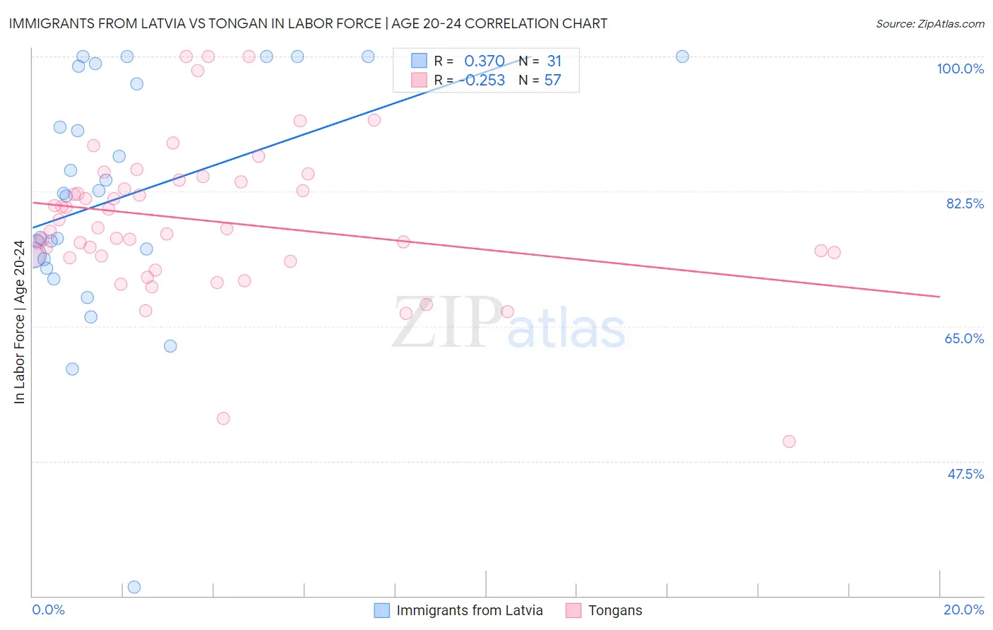Immigrants from Latvia vs Tongan In Labor Force | Age 20-24