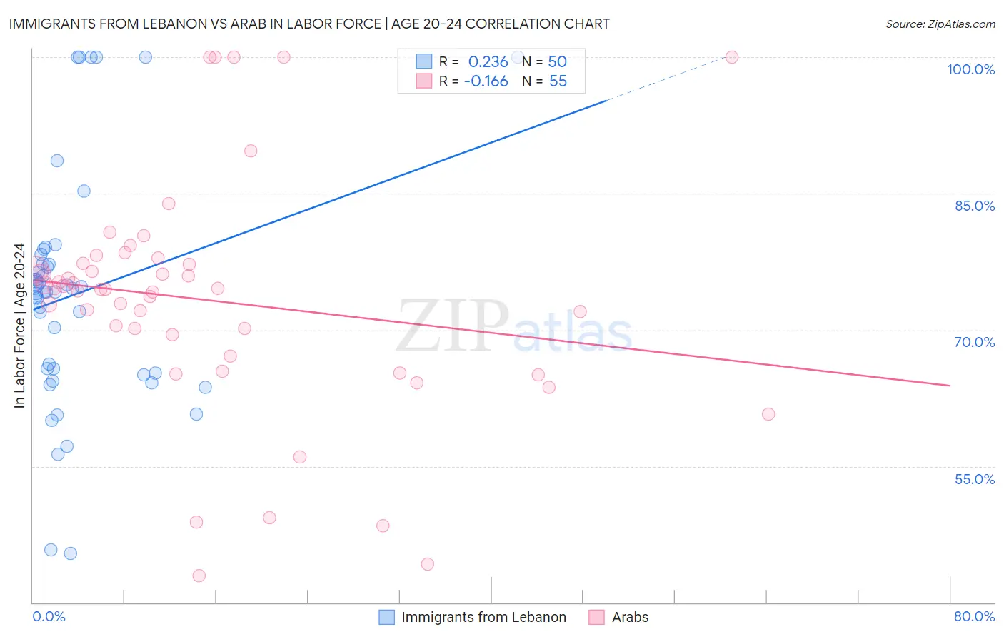 Immigrants from Lebanon vs Arab In Labor Force | Age 20-24