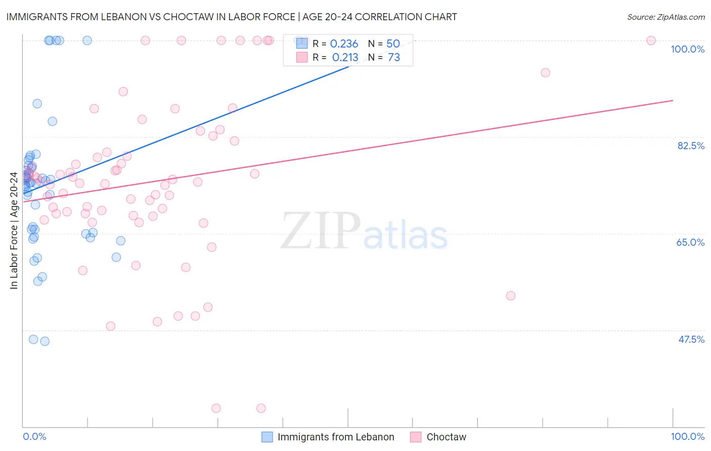 Immigrants from Lebanon vs Choctaw In Labor Force | Age 20-24