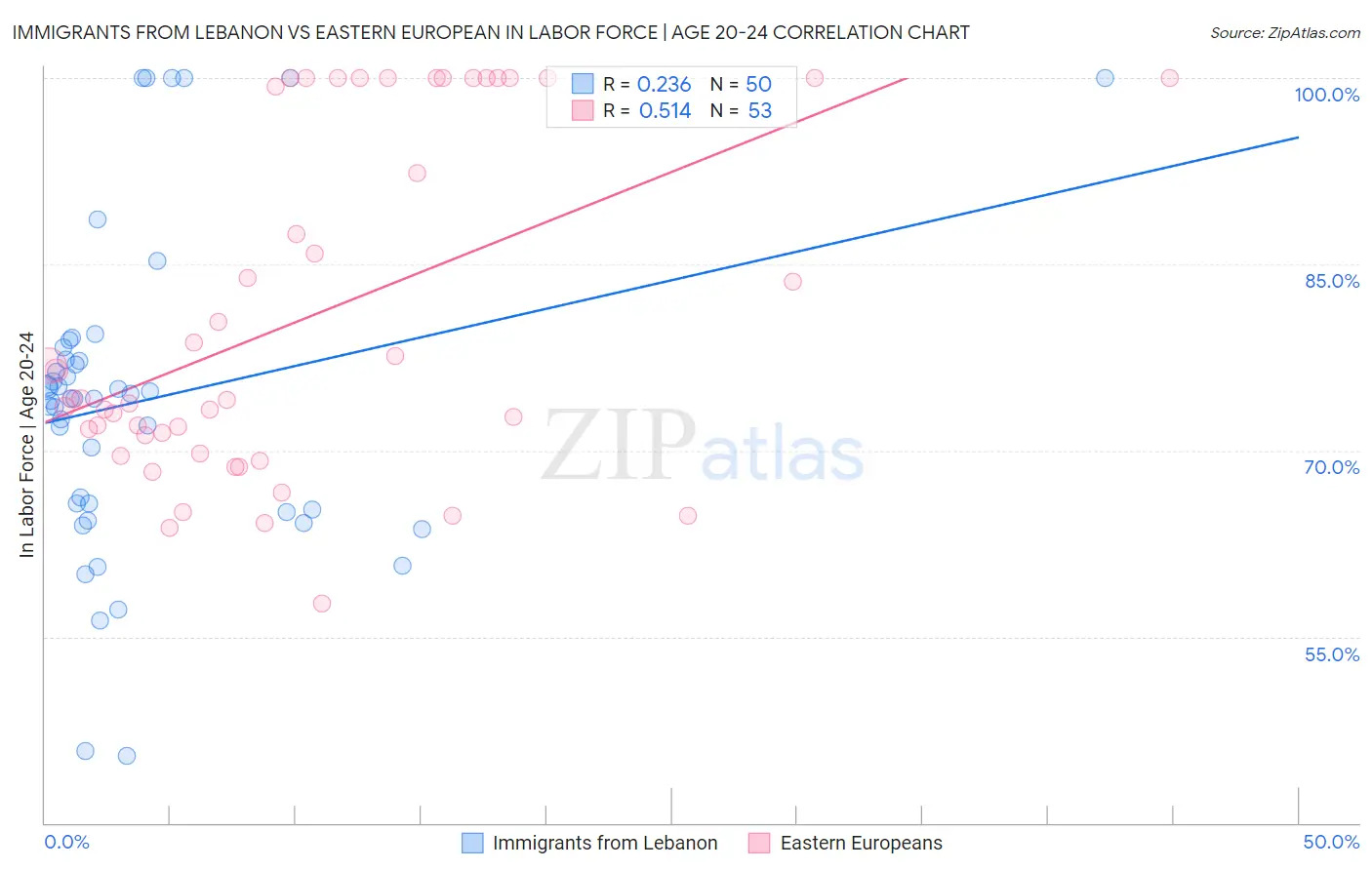Immigrants from Lebanon vs Eastern European In Labor Force | Age 20-24