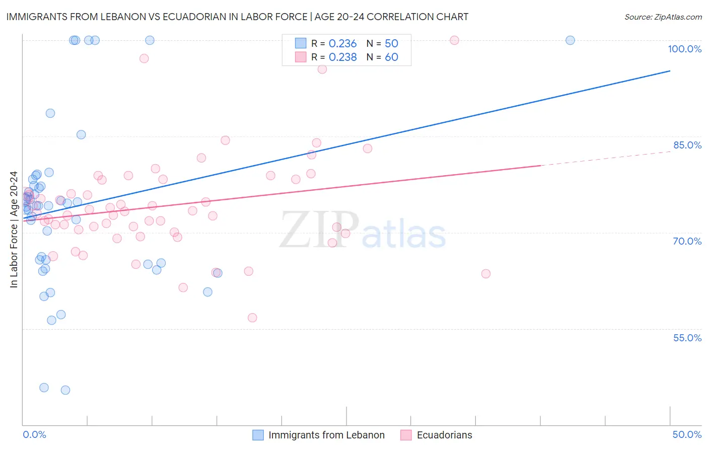Immigrants from Lebanon vs Ecuadorian In Labor Force | Age 20-24