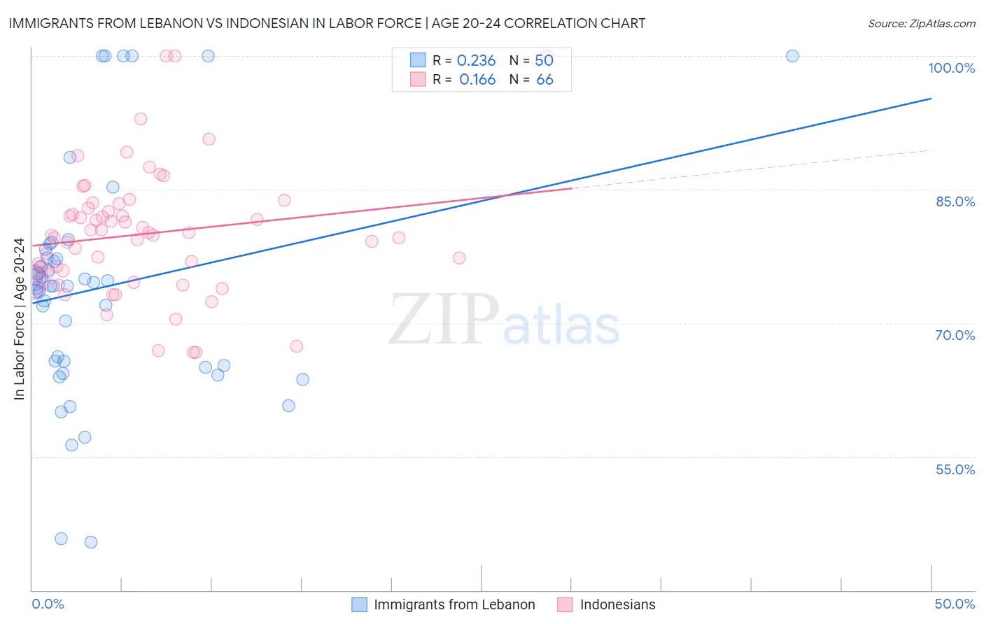 Immigrants from Lebanon vs Indonesian In Labor Force | Age 20-24