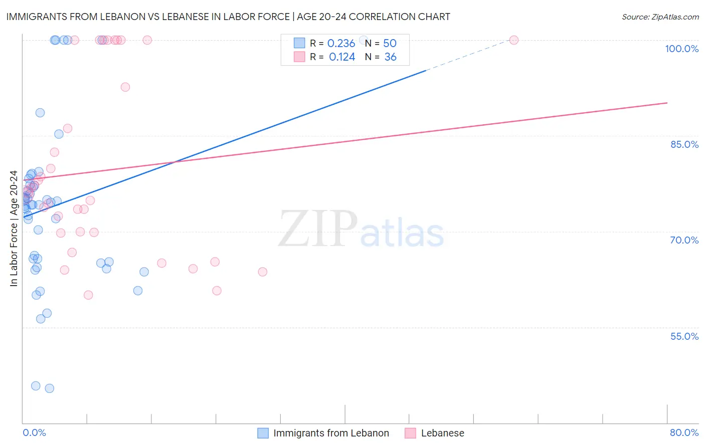 Immigrants from Lebanon vs Lebanese In Labor Force | Age 20-24