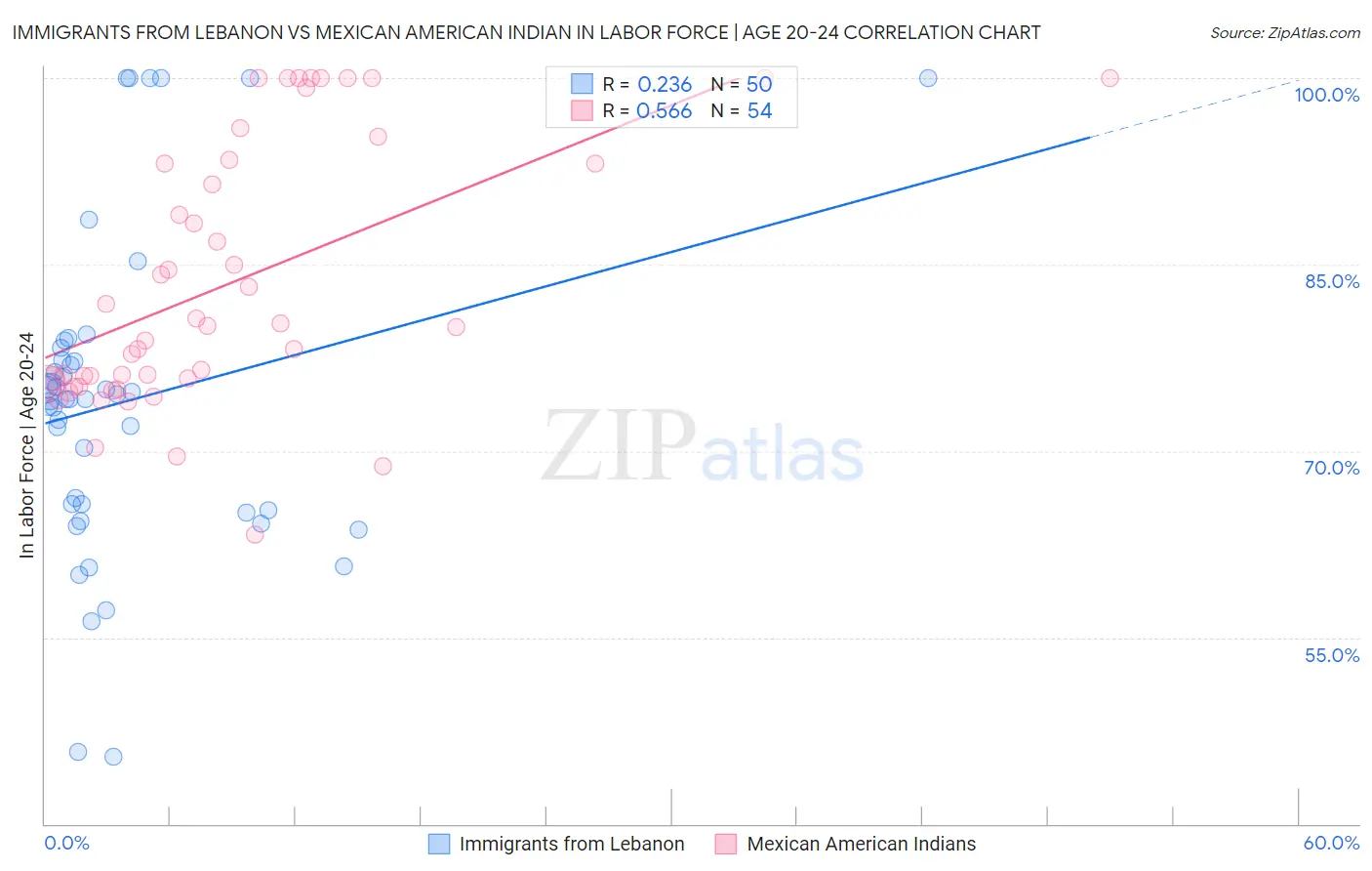 Immigrants from Lebanon vs Mexican American Indian In Labor Force | Age 20-24
