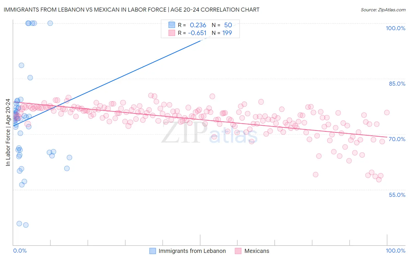 Immigrants from Lebanon vs Mexican In Labor Force | Age 20-24