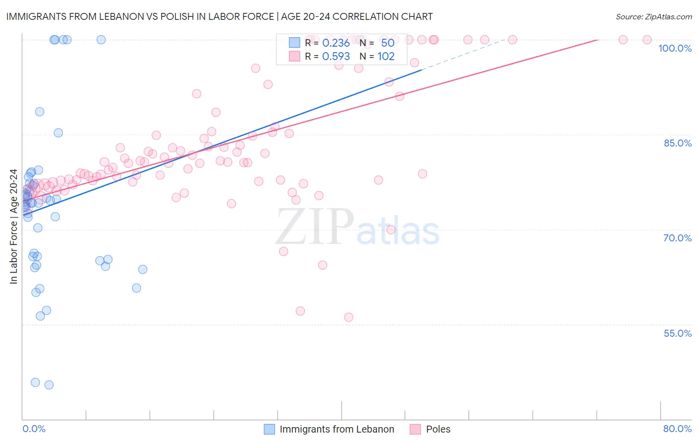Immigrants from Lebanon vs Polish In Labor Force | Age 20-24