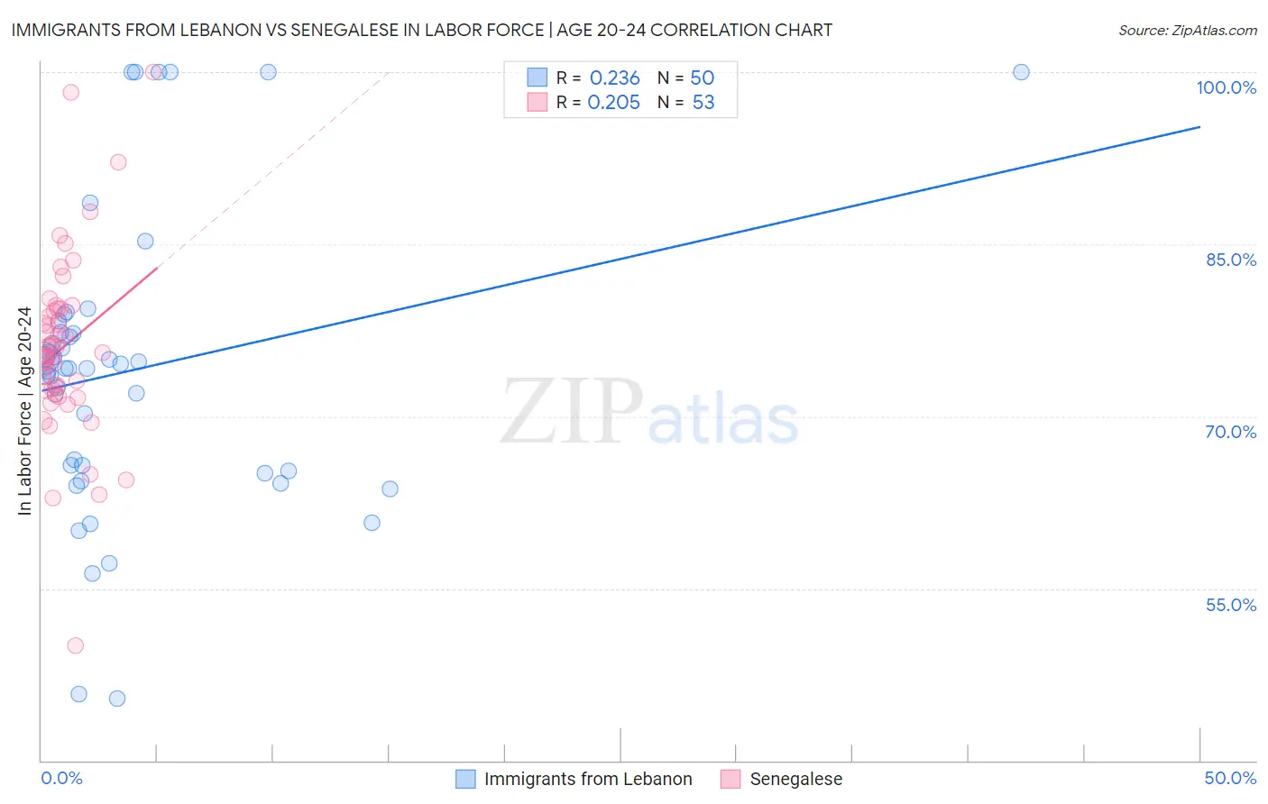 Immigrants from Lebanon vs Senegalese In Labor Force | Age 20-24