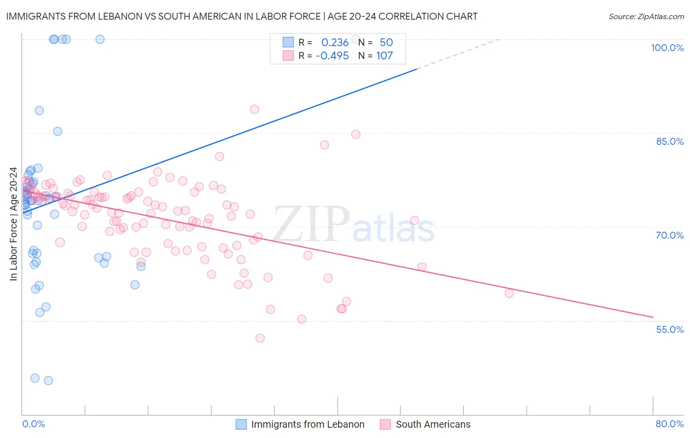Immigrants from Lebanon vs South American In Labor Force | Age 20-24