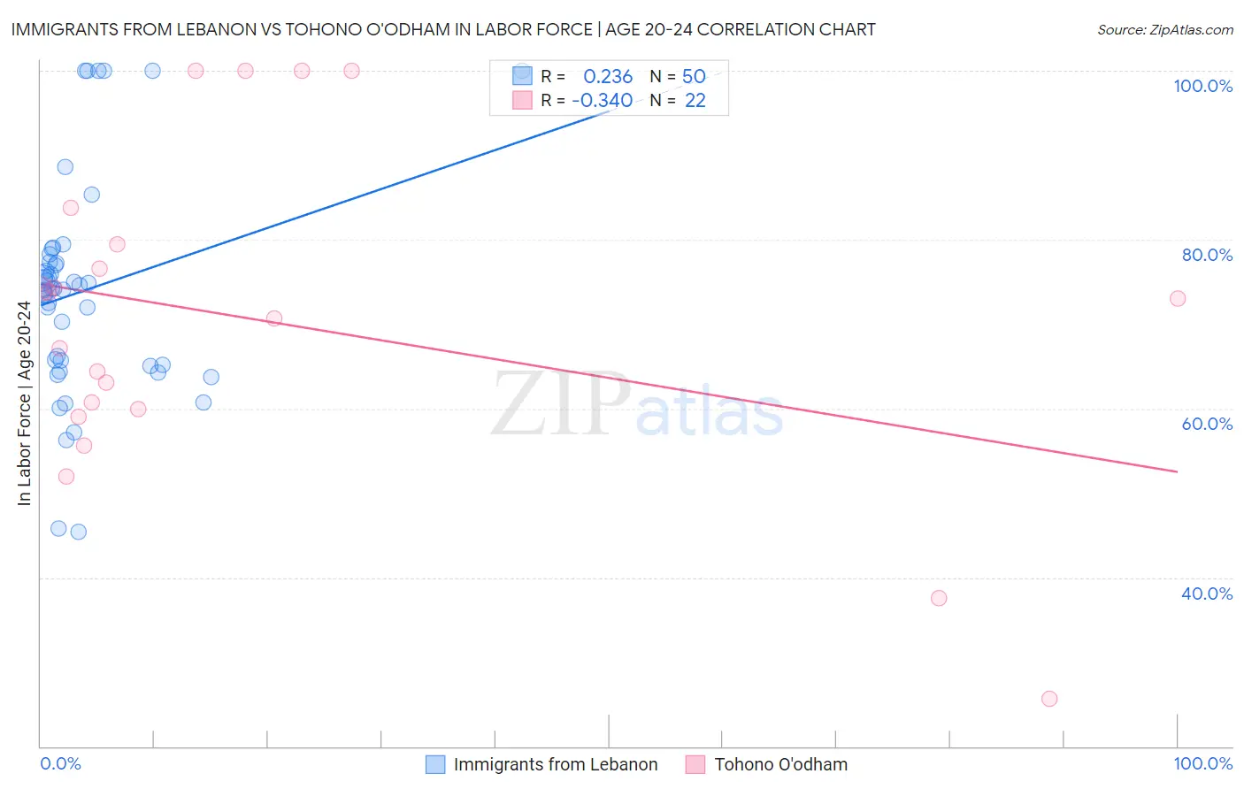 Immigrants from Lebanon vs Tohono O'odham In Labor Force | Age 20-24