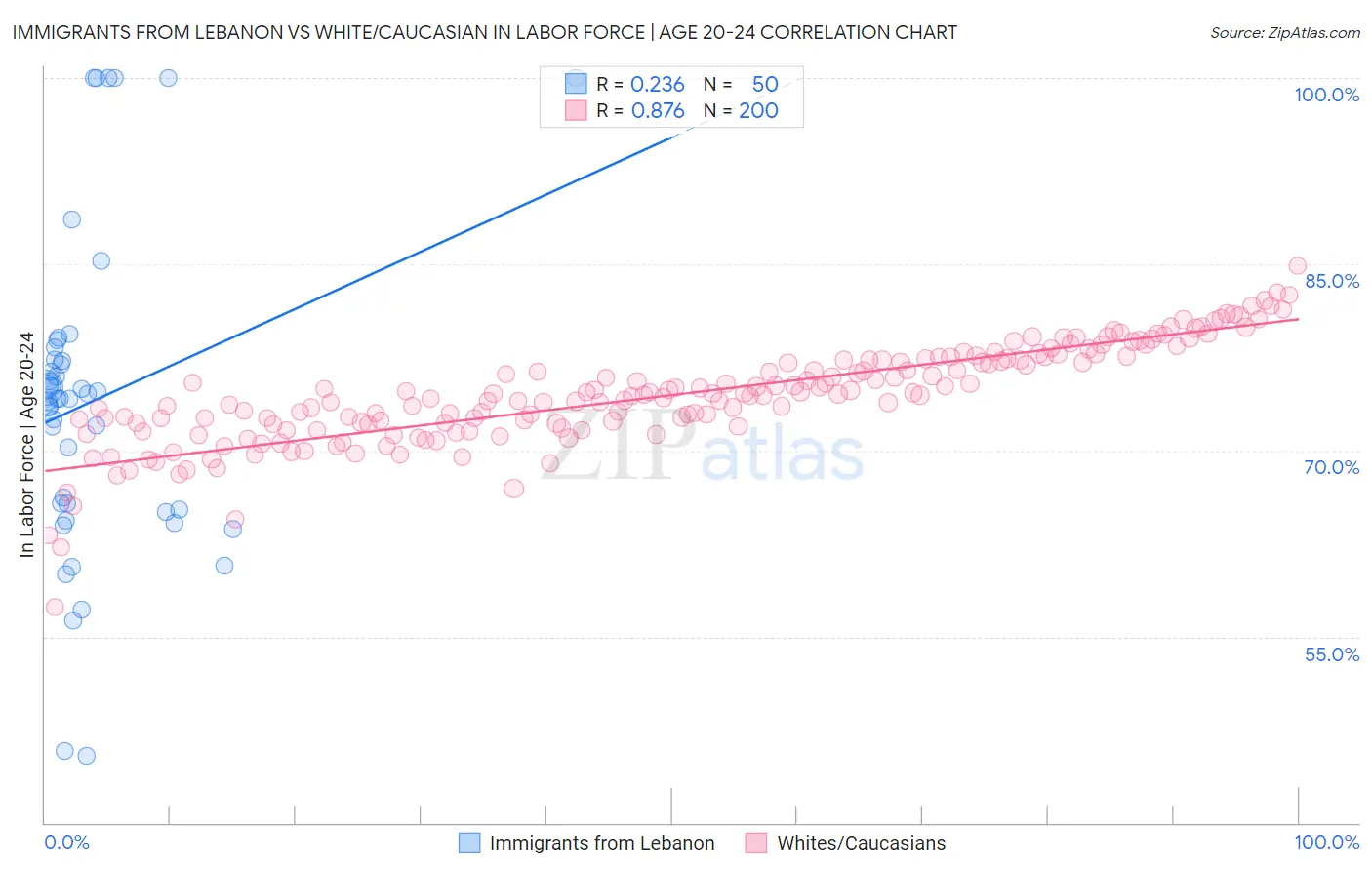 Immigrants from Lebanon vs White/Caucasian In Labor Force | Age 20-24