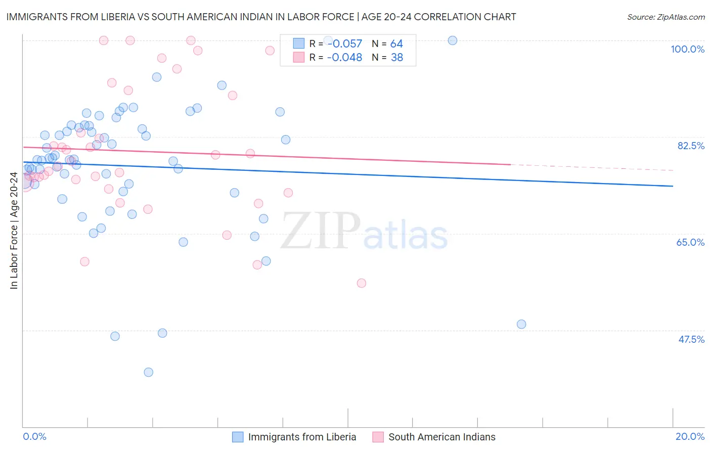 Immigrants from Liberia vs South American Indian In Labor Force | Age 20-24