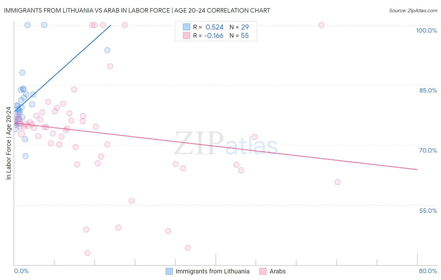 Immigrants from Lithuania vs Arab In Labor Force | Age 20-24