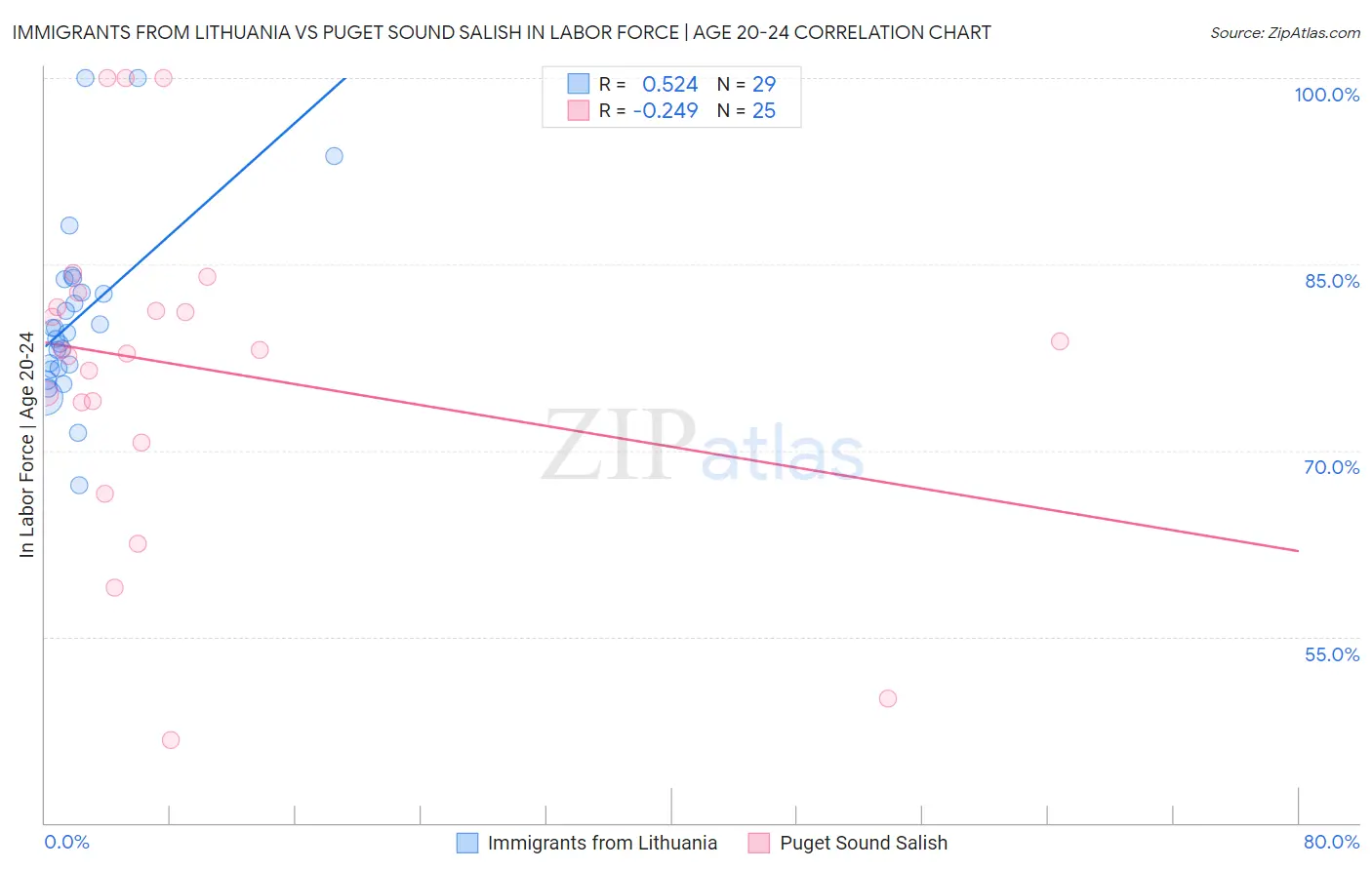 Immigrants from Lithuania vs Puget Sound Salish In Labor Force | Age 20-24