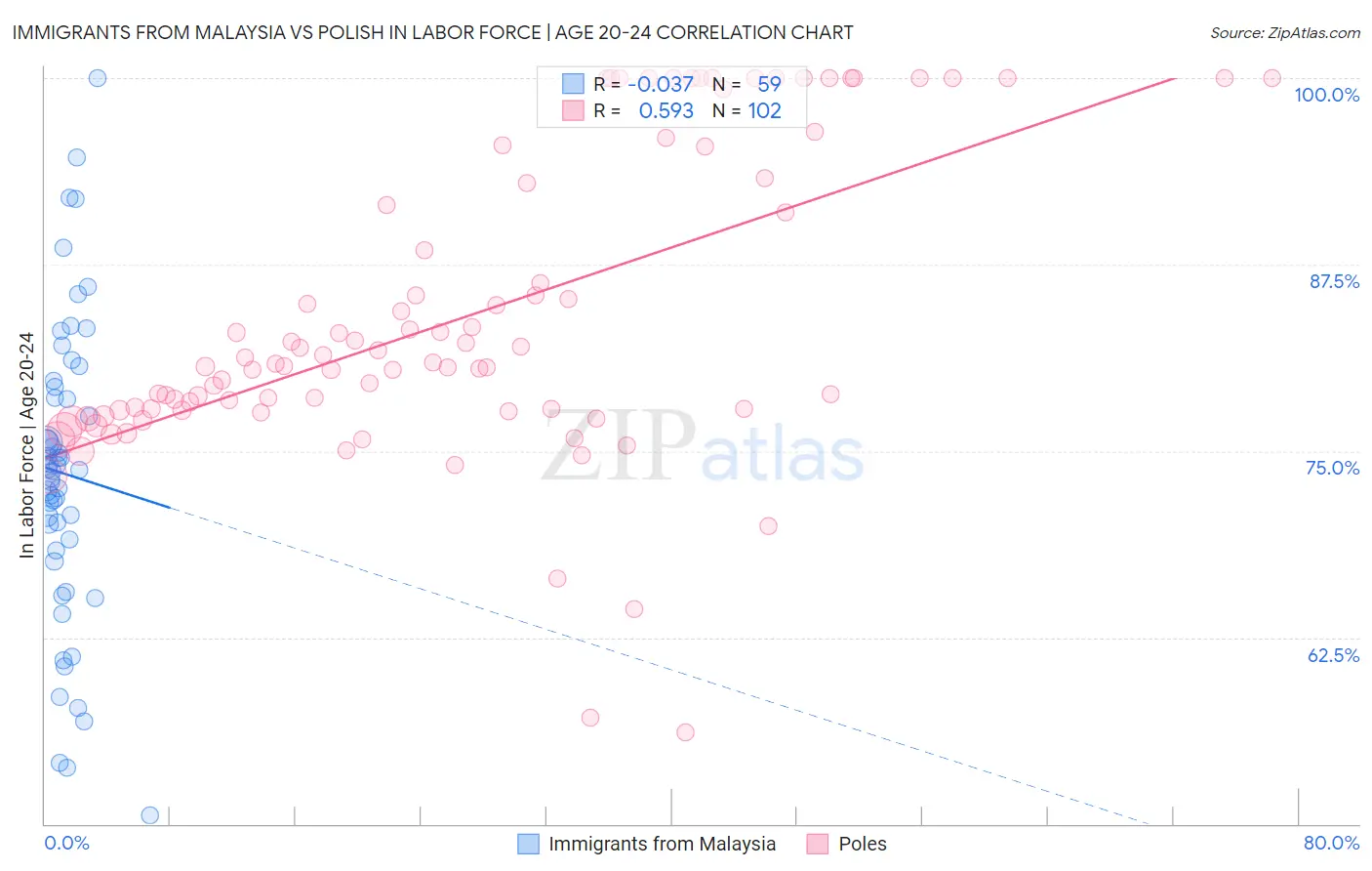 Immigrants from Malaysia vs Polish In Labor Force | Age 20-24
