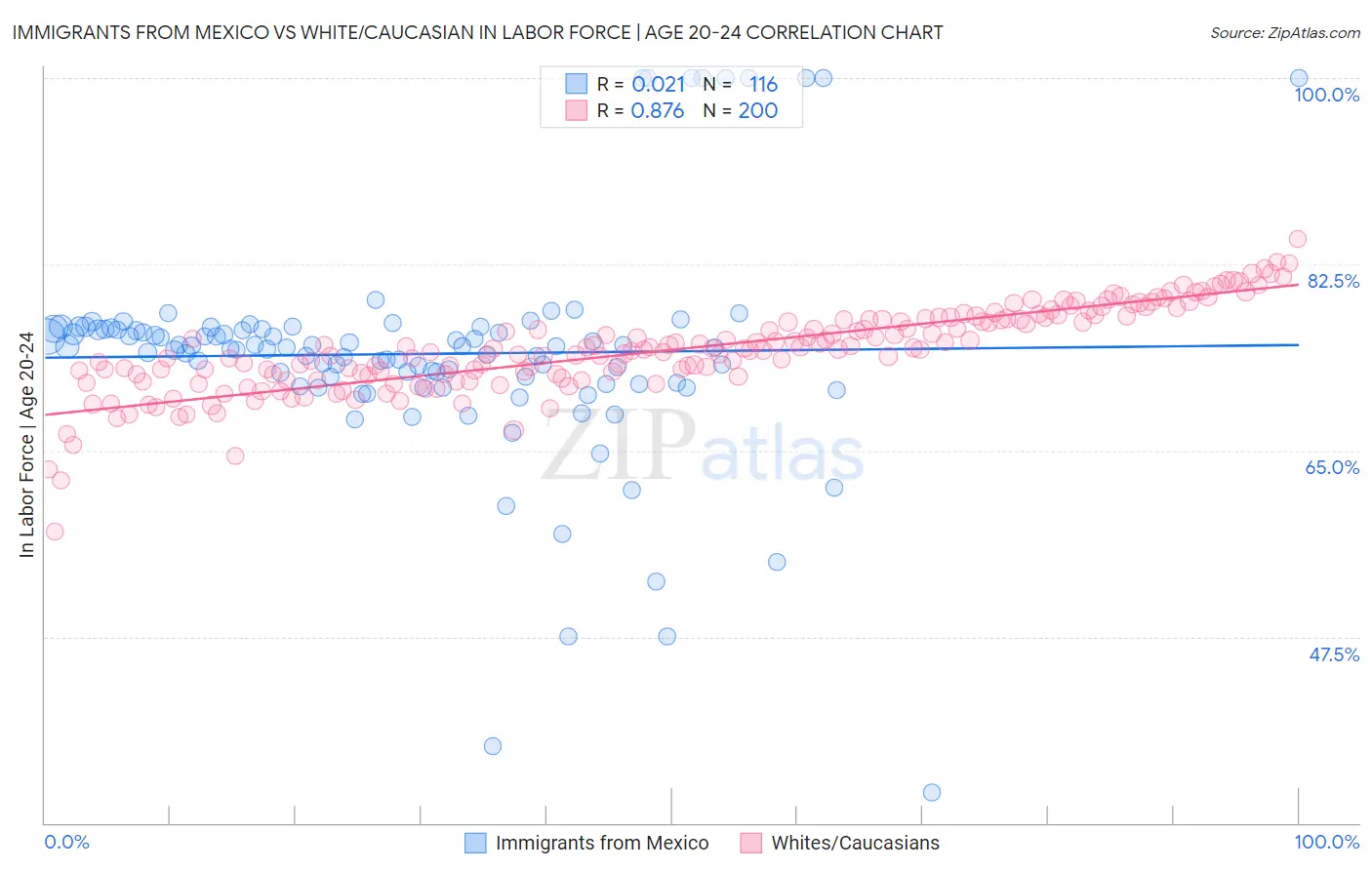 Immigrants from Mexico vs White/Caucasian In Labor Force | Age 20-24