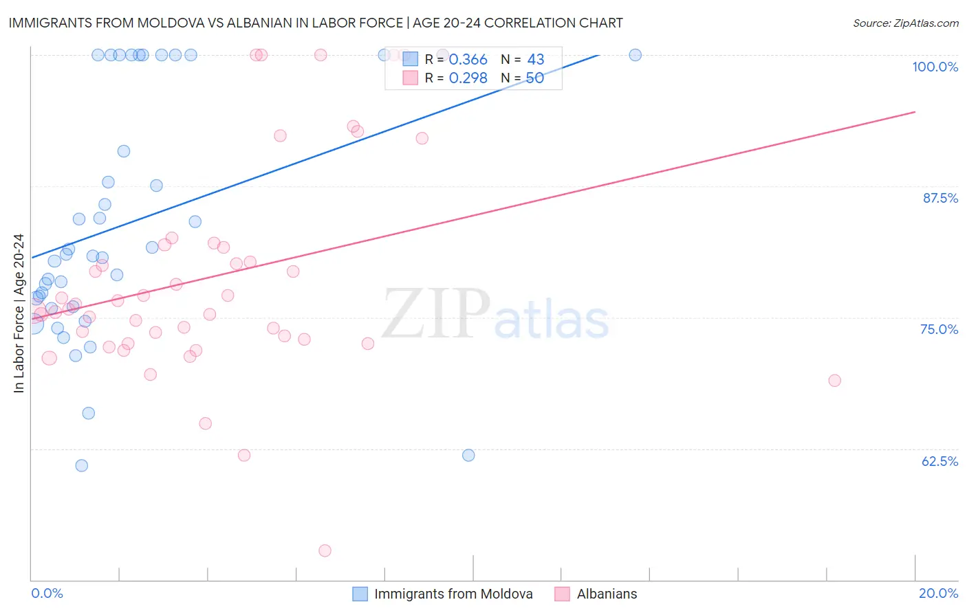 Immigrants from Moldova vs Albanian In Labor Force | Age 20-24