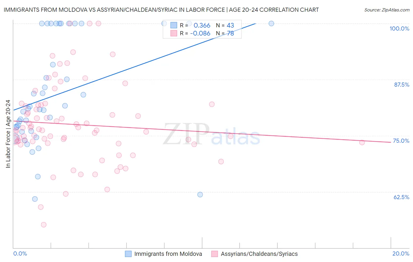 Immigrants from Moldova vs Assyrian/Chaldean/Syriac In Labor Force | Age 20-24