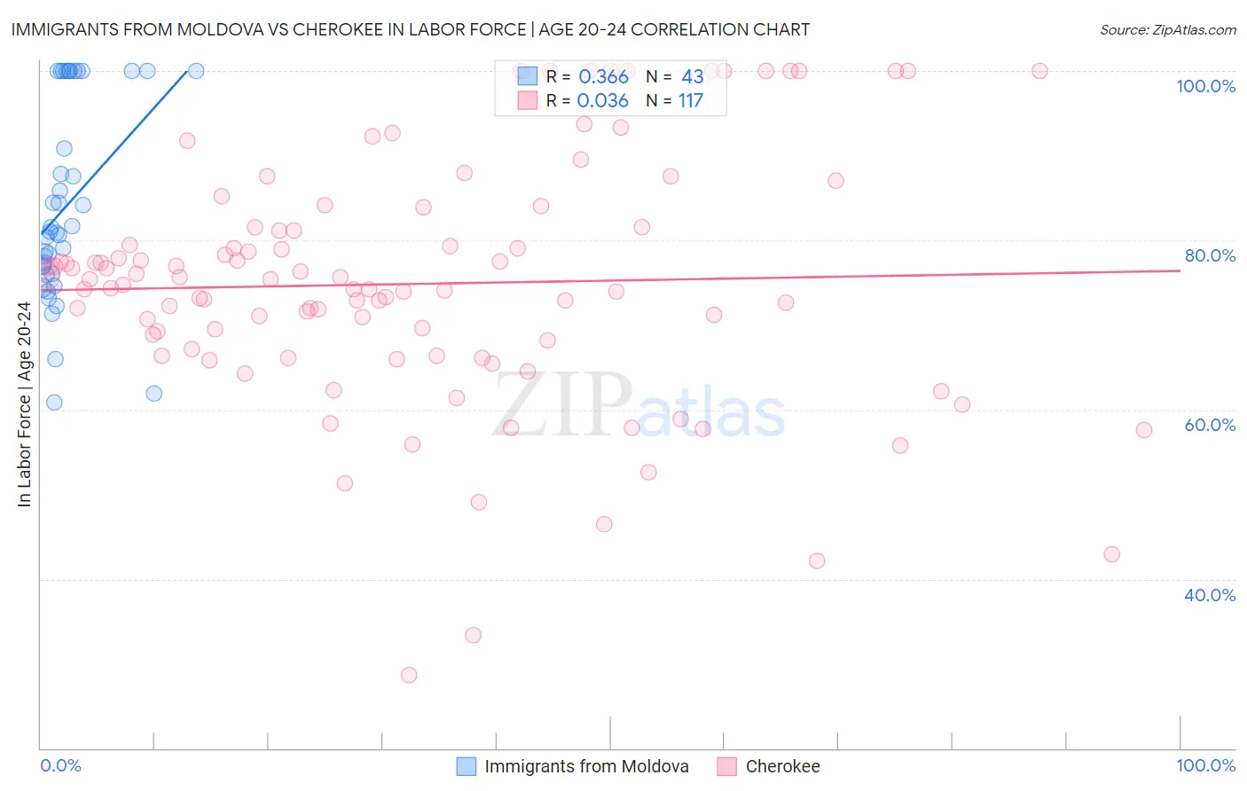Immigrants from Moldova vs Cherokee In Labor Force | Age 20-24