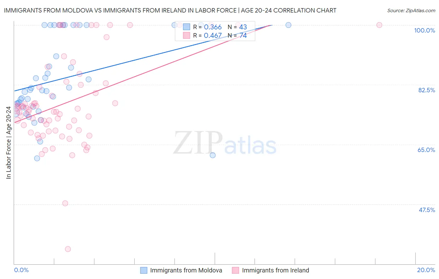 Immigrants from Moldova vs Immigrants from Ireland In Labor Force | Age 20-24