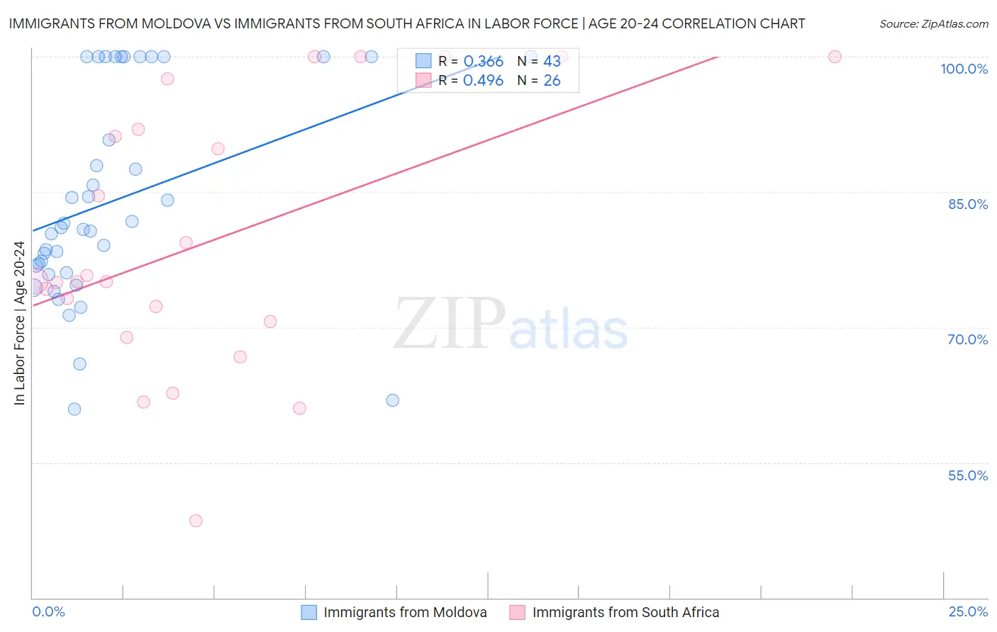 Immigrants from Moldova vs Immigrants from South Africa In Labor Force | Age 20-24