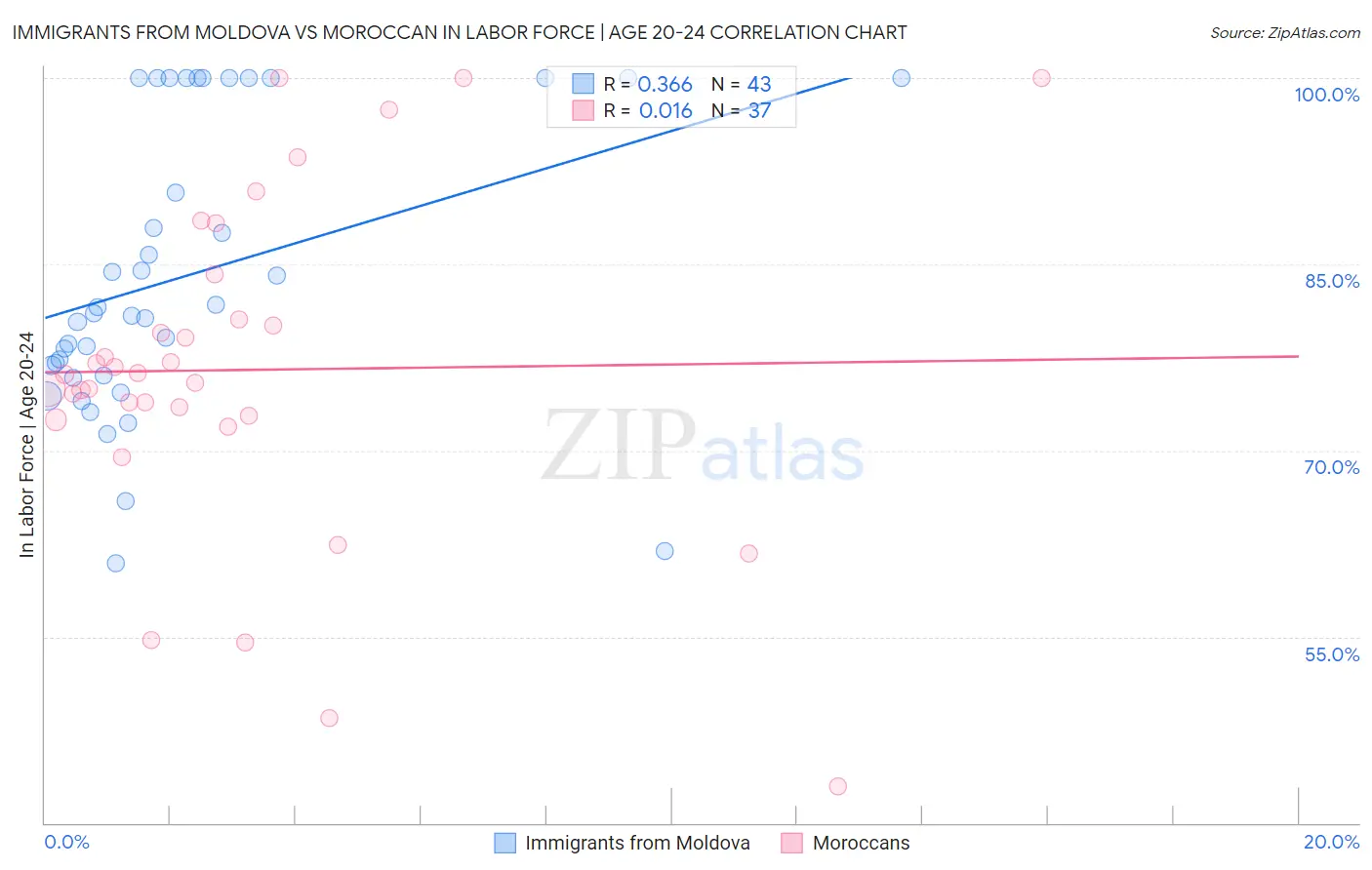 Immigrants from Moldova vs Moroccan In Labor Force | Age 20-24