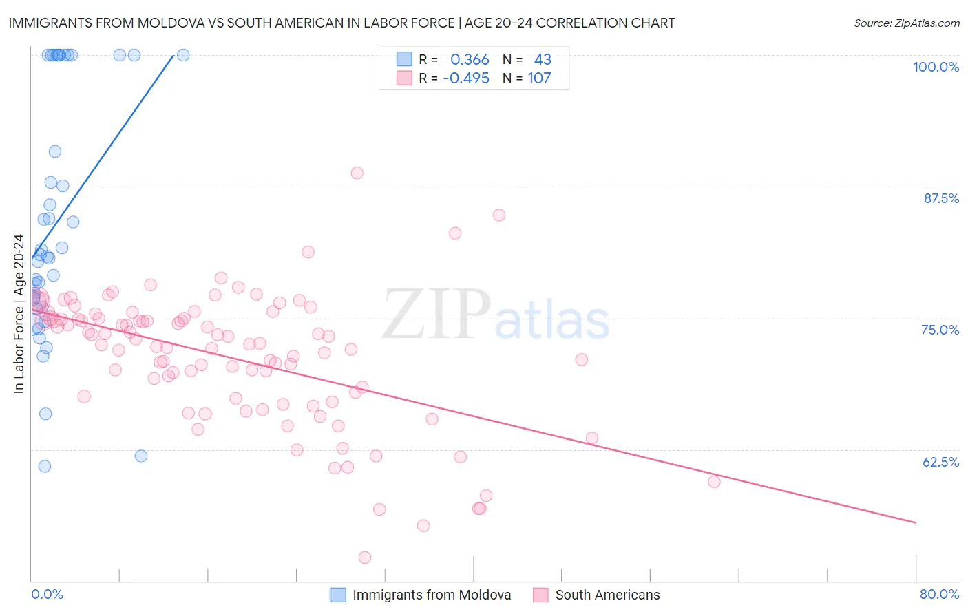 Immigrants from Moldova vs South American In Labor Force | Age 20-24