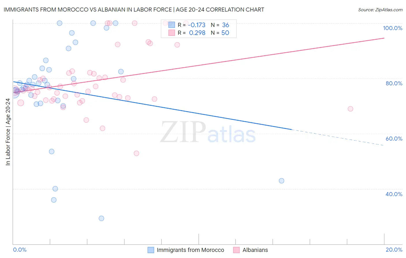 Immigrants from Morocco vs Albanian In Labor Force | Age 20-24