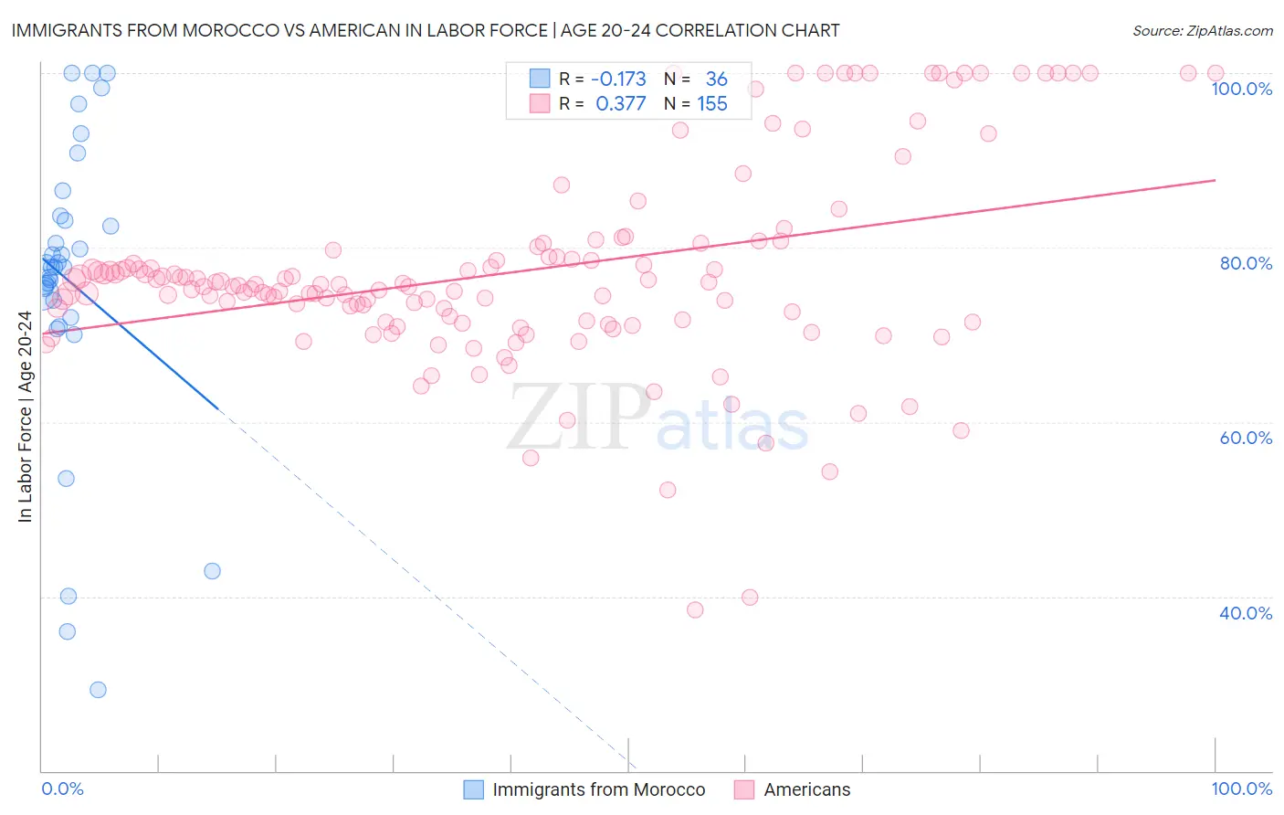 Immigrants from Morocco vs American In Labor Force | Age 20-24