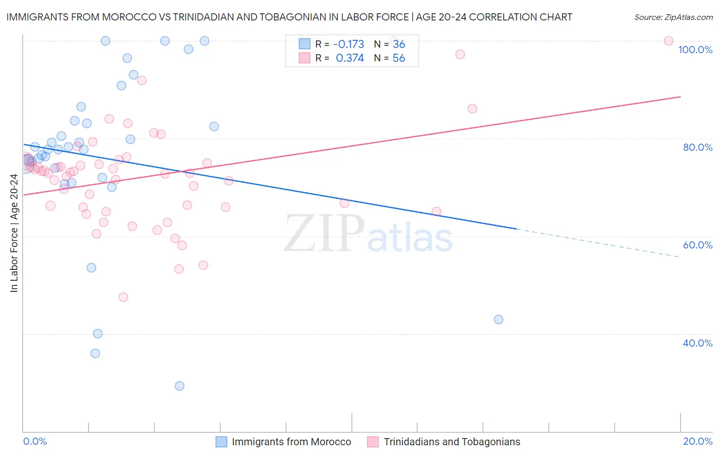 Immigrants from Morocco vs Trinidadian and Tobagonian In Labor Force | Age 20-24