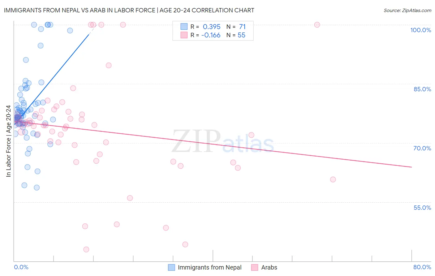 Immigrants from Nepal vs Arab In Labor Force | Age 20-24