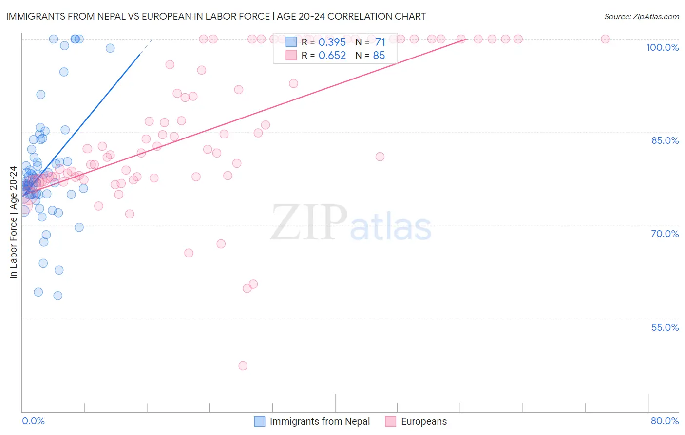 Immigrants from Nepal vs European In Labor Force | Age 20-24