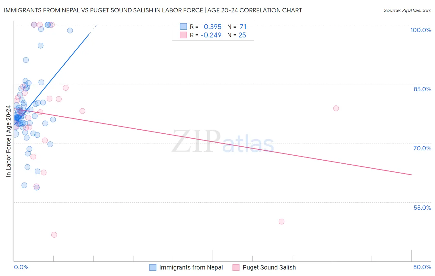 Immigrants from Nepal vs Puget Sound Salish In Labor Force | Age 20-24