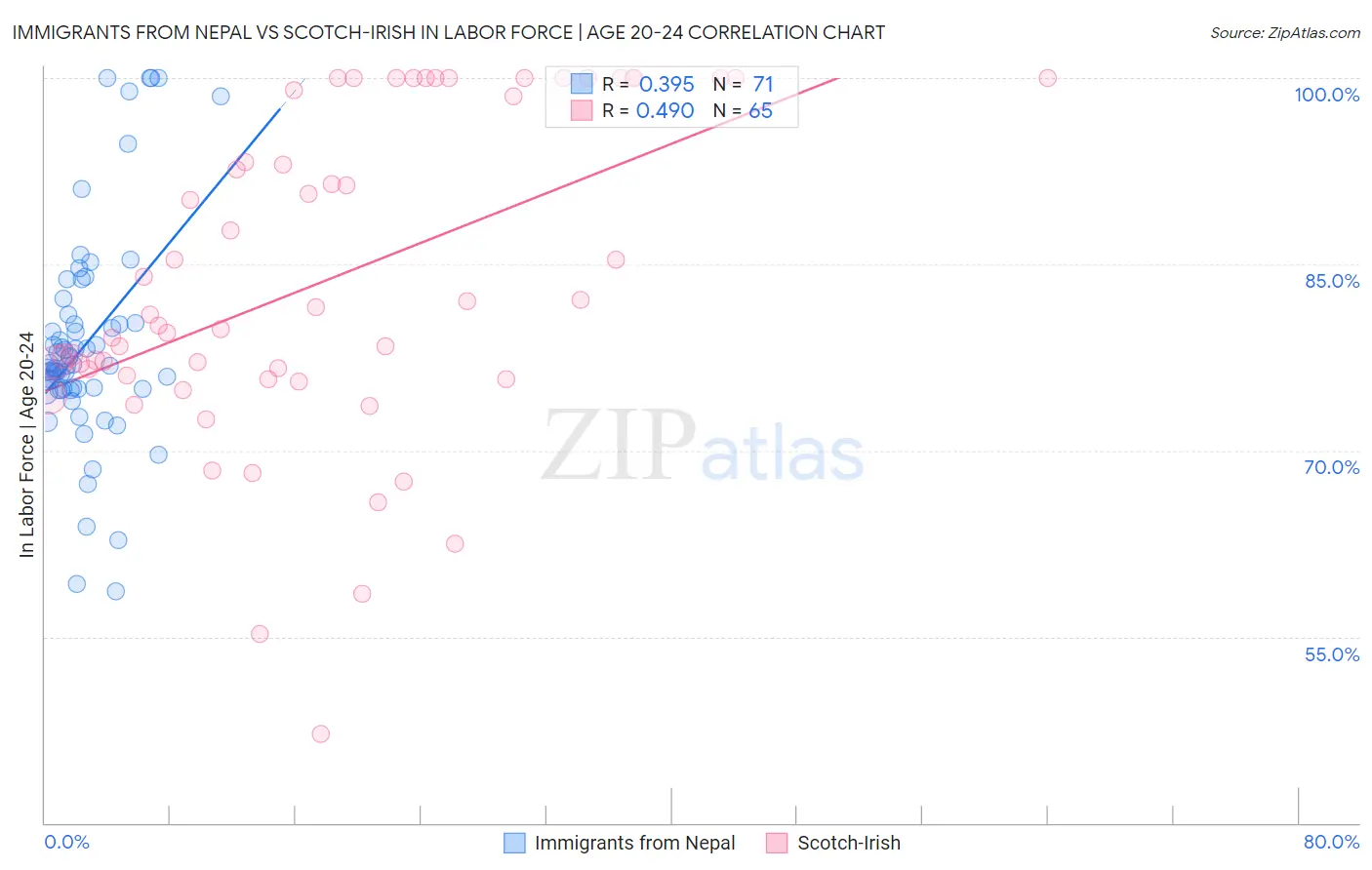 Immigrants from Nepal vs Scotch-Irish In Labor Force | Age 20-24