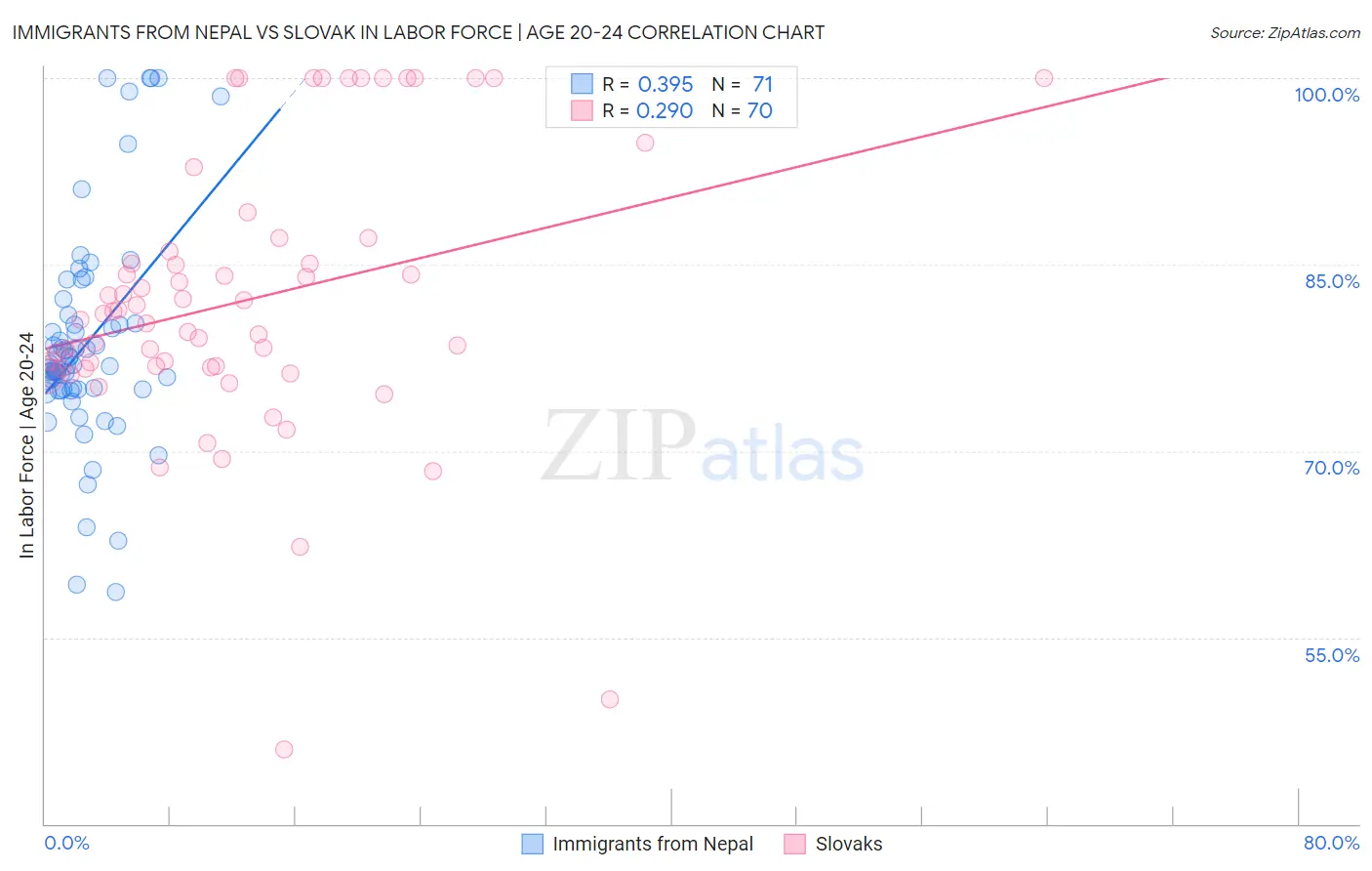 Immigrants from Nepal vs Slovak In Labor Force | Age 20-24