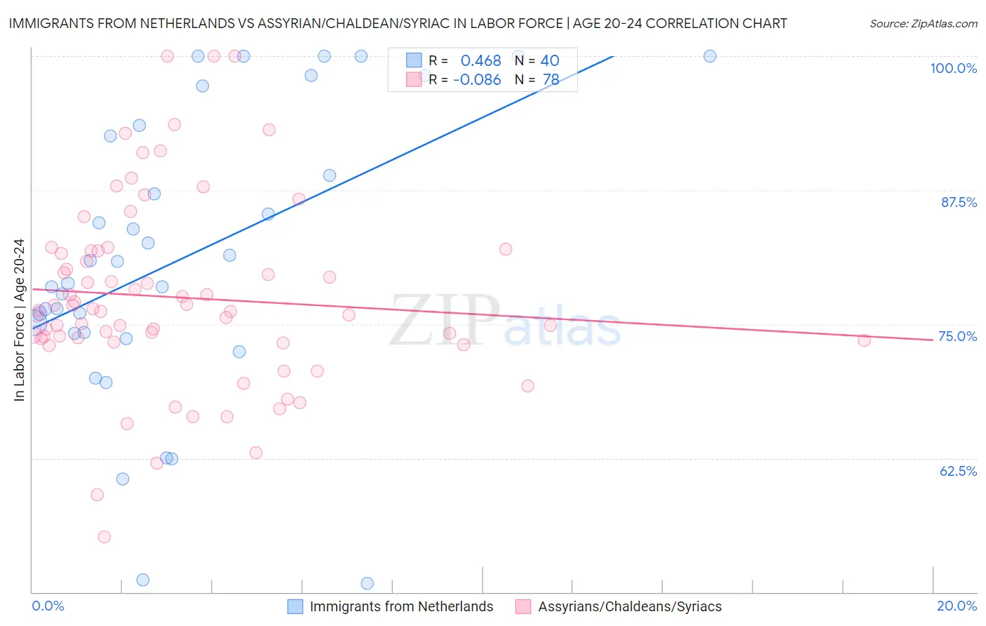 Immigrants from Netherlands vs Assyrian/Chaldean/Syriac In Labor Force | Age 20-24