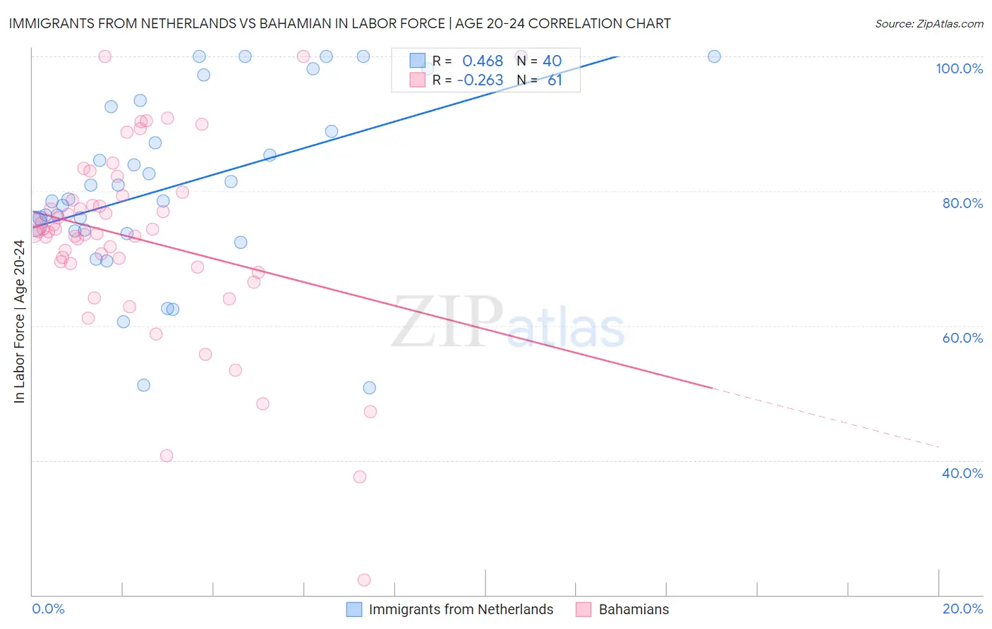 Immigrants from Netherlands vs Bahamian In Labor Force | Age 20-24