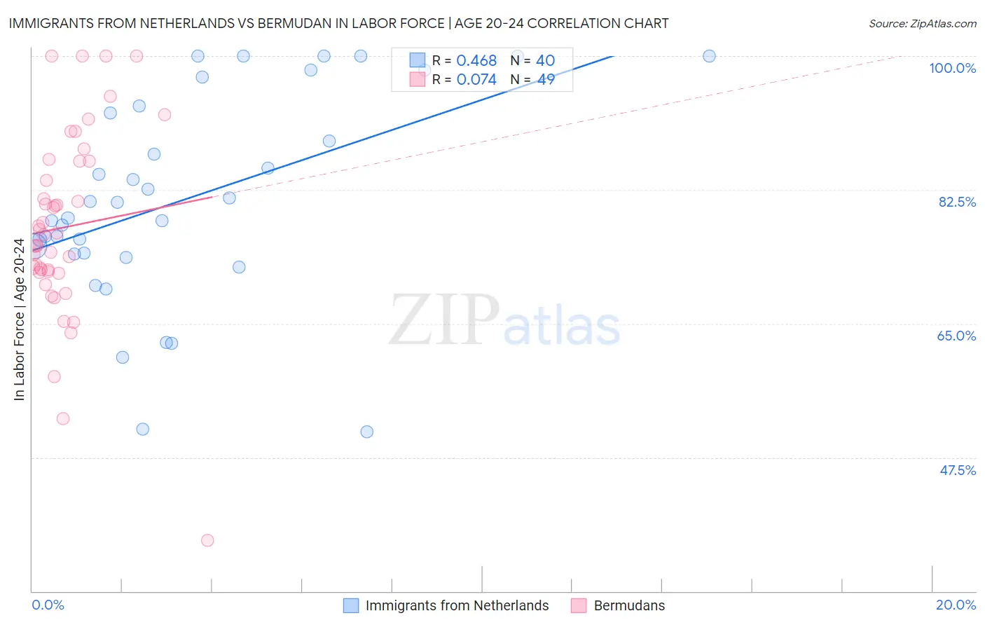 Immigrants from Netherlands vs Bermudan In Labor Force | Age 20-24