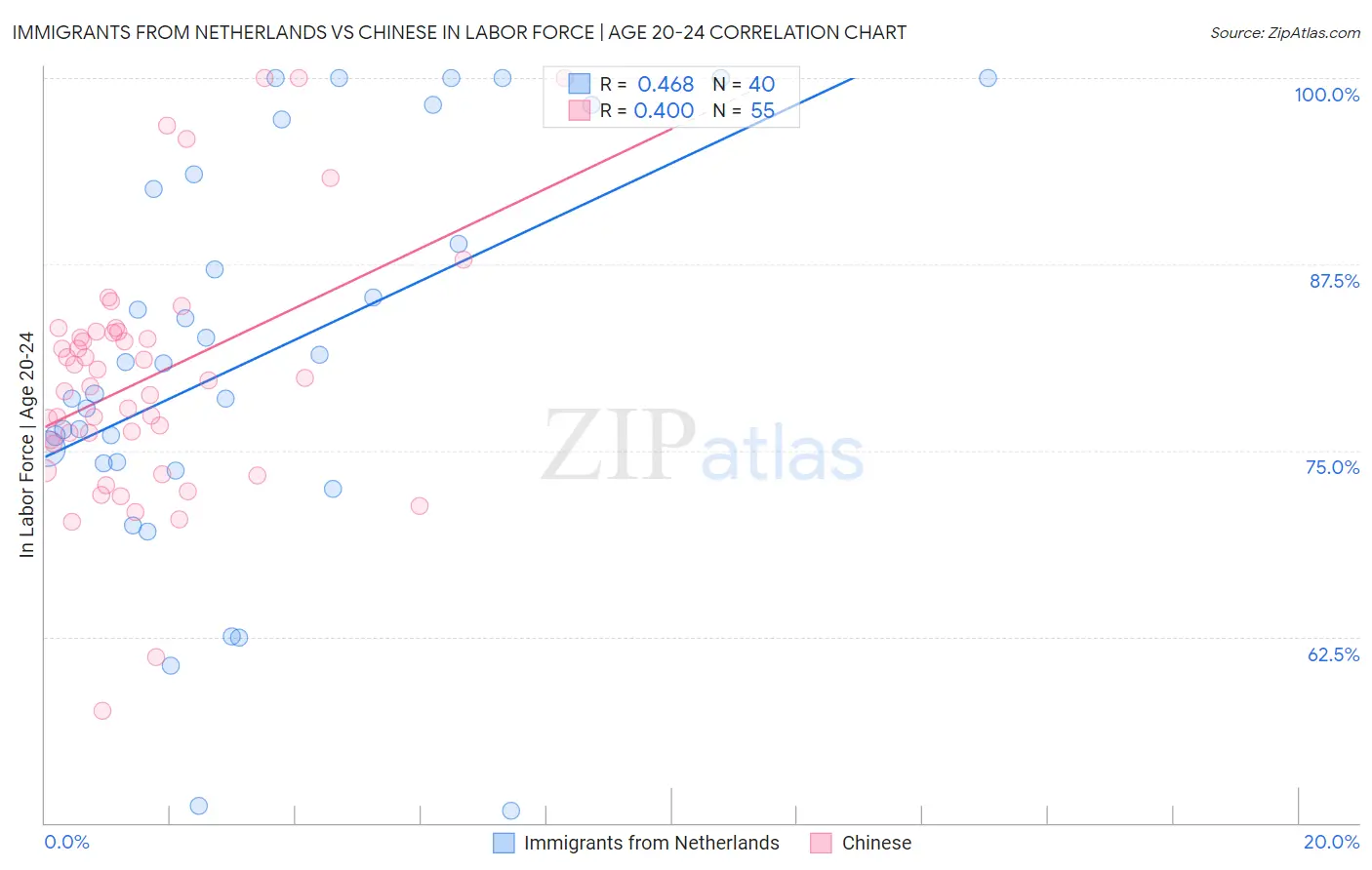 Immigrants from Netherlands vs Chinese In Labor Force | Age 20-24