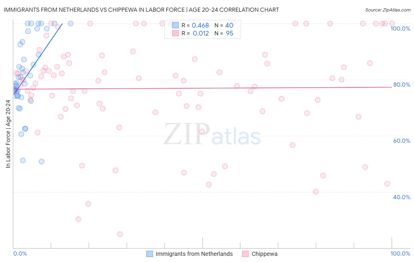 Immigrants from Netherlands vs Chippewa In Labor Force | Age 20-24