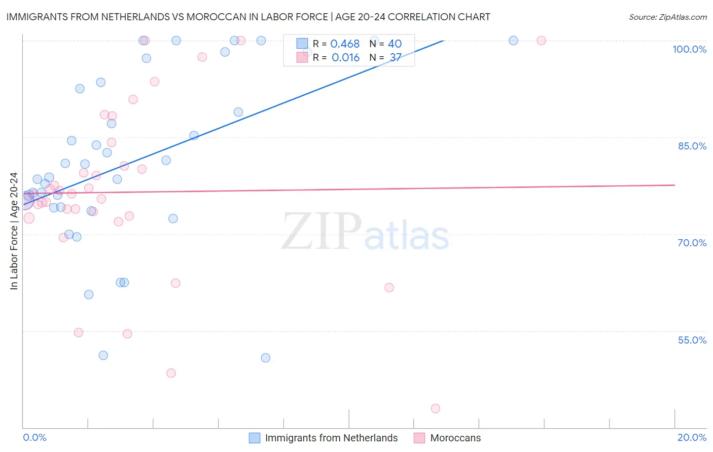 Immigrants from Netherlands vs Moroccan In Labor Force | Age 20-24