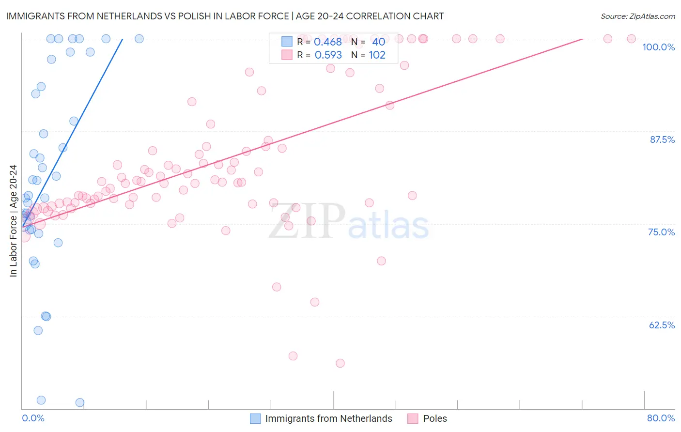 Immigrants from Netherlands vs Polish In Labor Force | Age 20-24