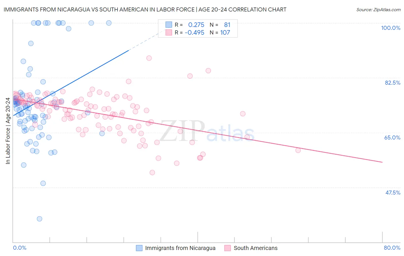Immigrants from Nicaragua vs South American In Labor Force | Age 20-24