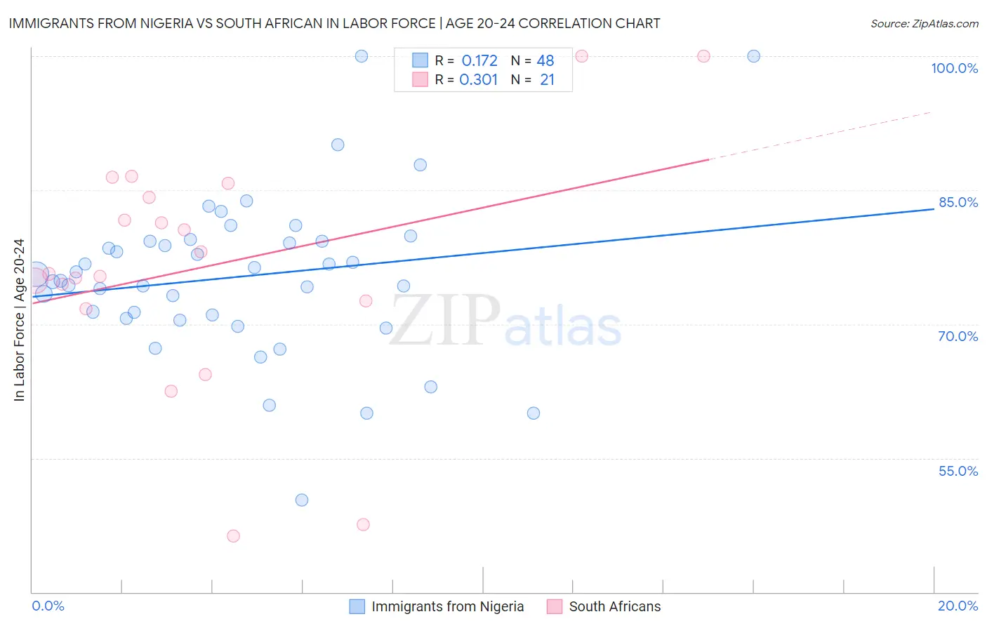 Immigrants from Nigeria vs South African In Labor Force | Age 20-24