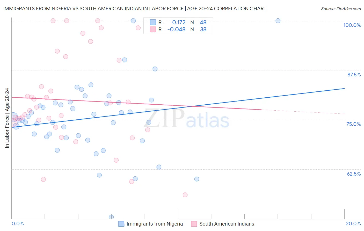 Immigrants from Nigeria vs South American Indian In Labor Force | Age 20-24