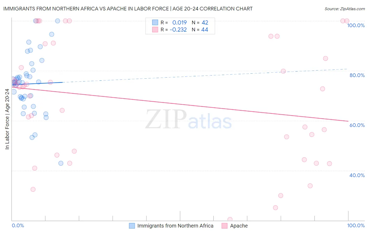 Immigrants from Northern Africa vs Apache In Labor Force | Age 20-24