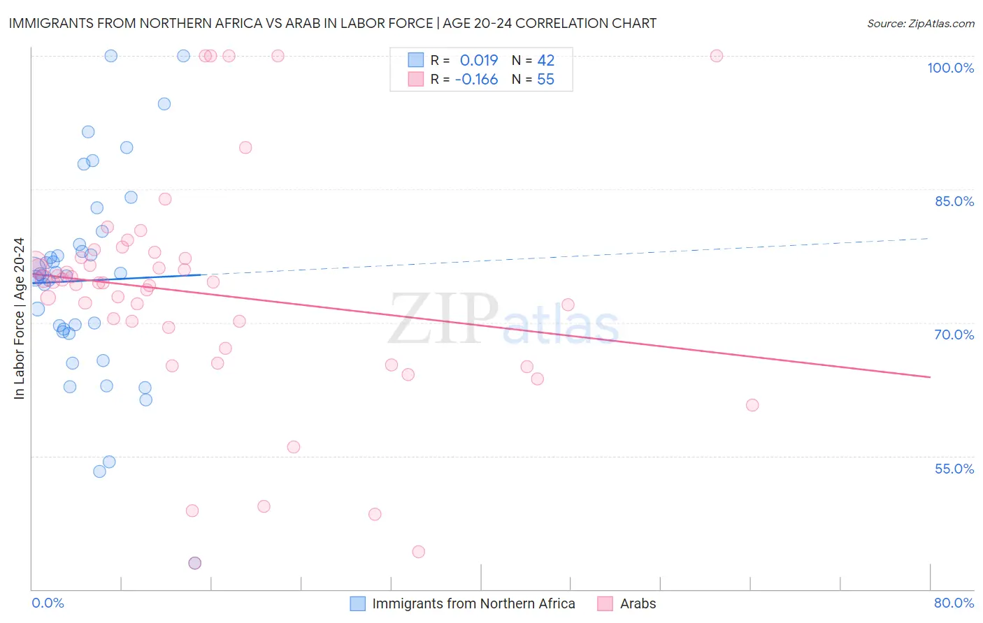 Immigrants from Northern Africa vs Arab In Labor Force | Age 20-24